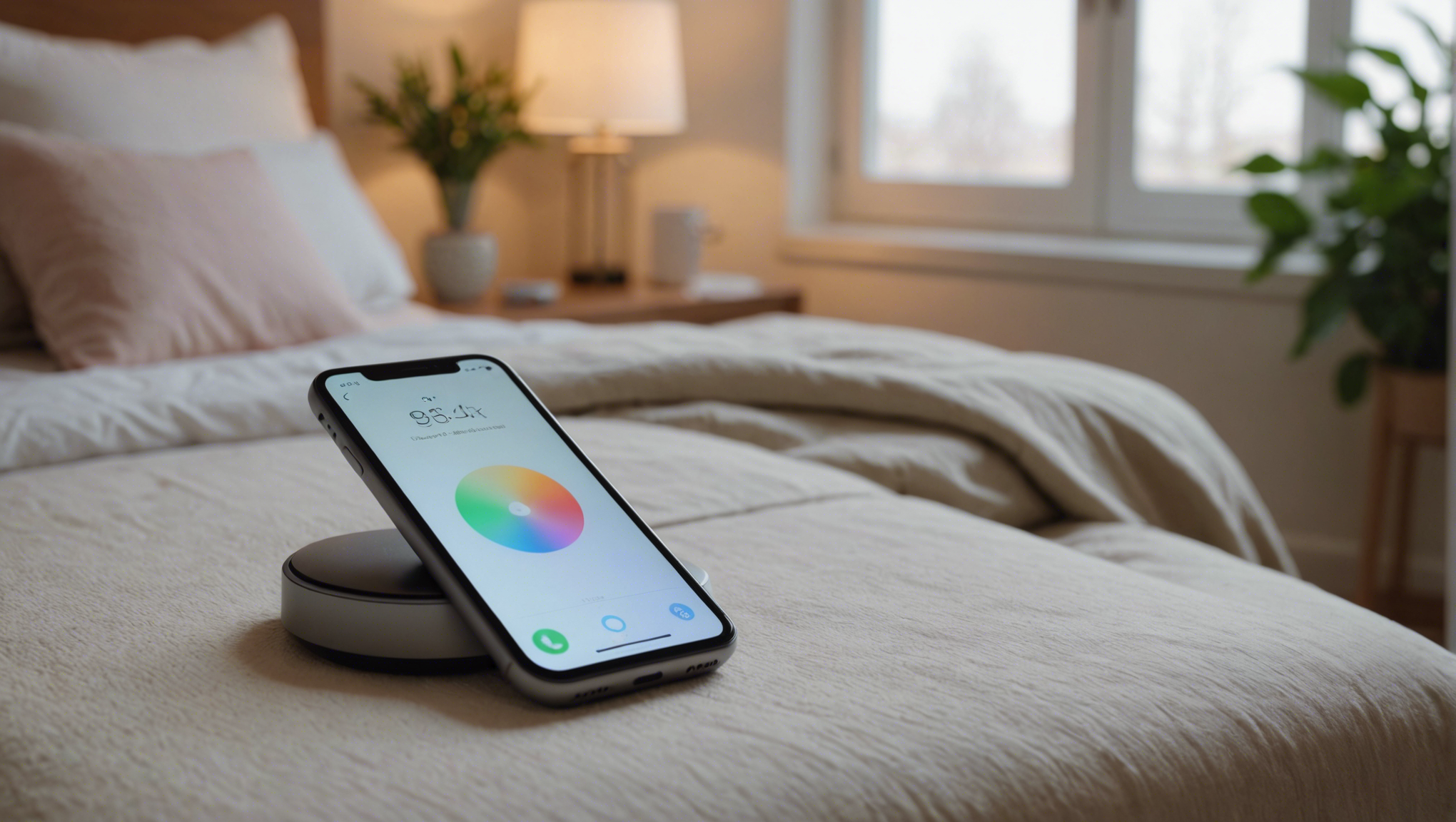 Крупный план iPhone в спокойной обстановке спальни, показывающий успокаивающие настройки будильника.