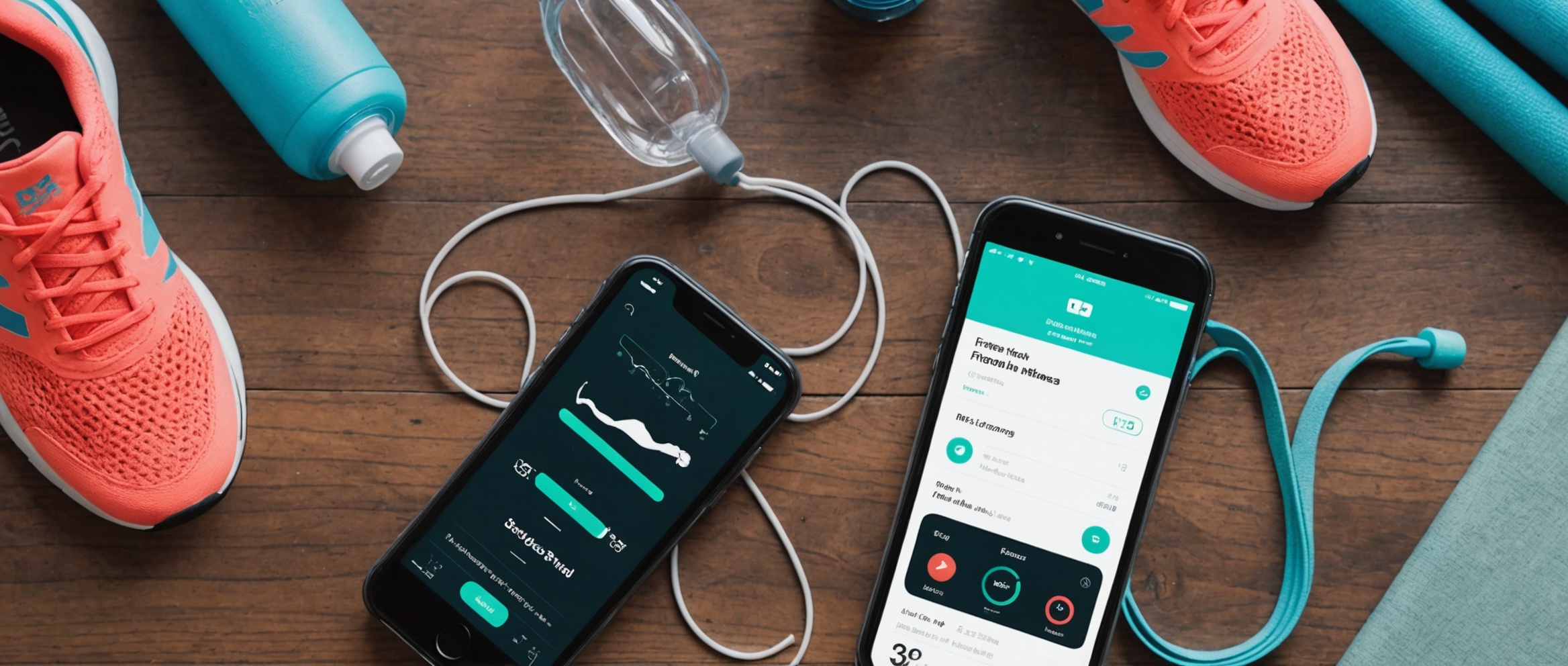 Художественная композиция, в которой на видном месте изображен iPhone с интерфейсом популярного фитнес-приложения, окруженный символами фитнеса, такими как кроссовки, бутылка с водой и гибкий коврик для йоги.