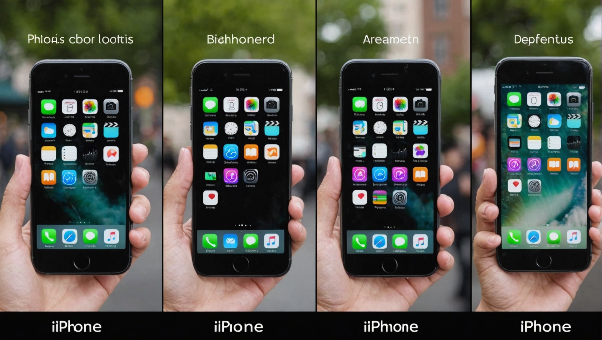 Четыре iPhone в руках на фоне города, экраны с различными фонами и приложениями.