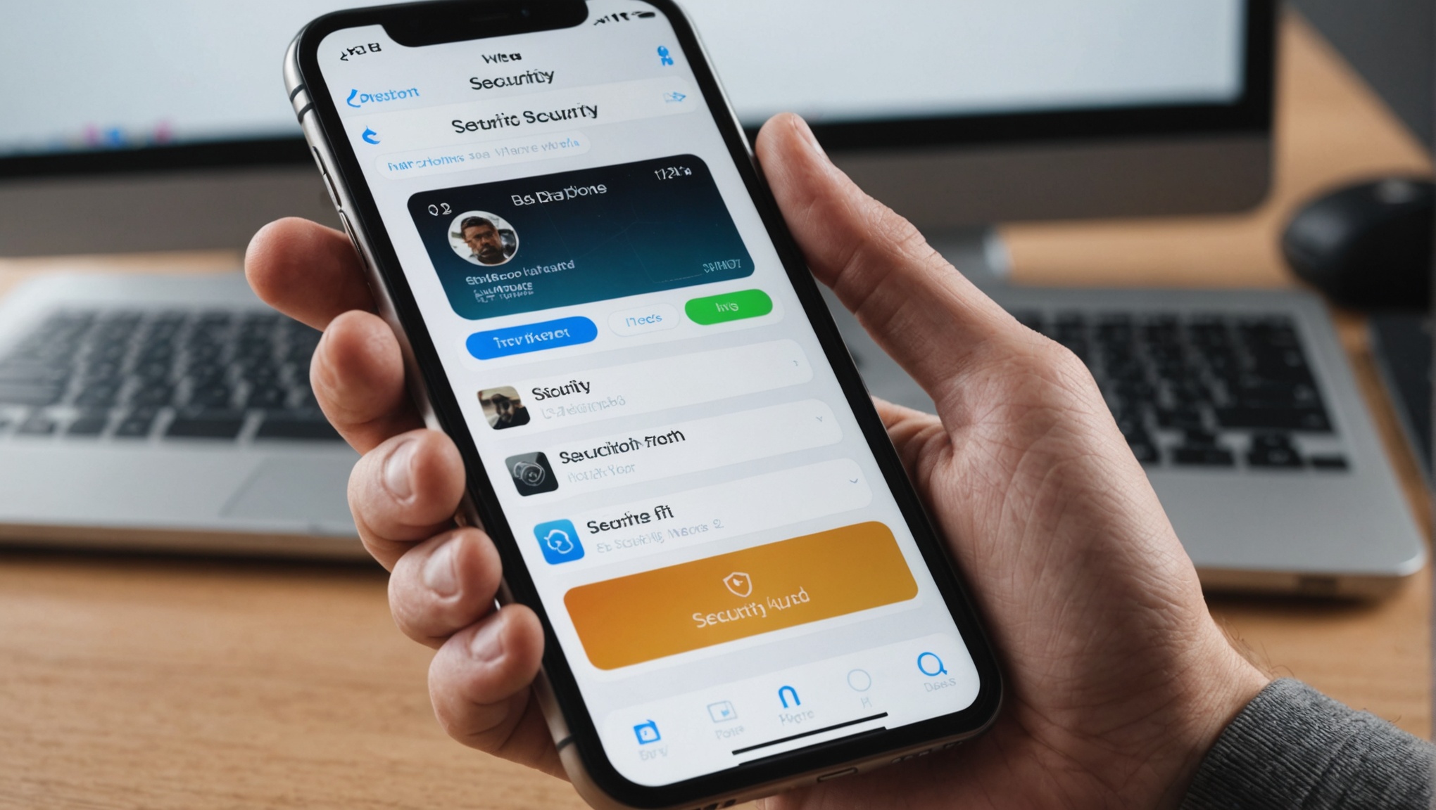 Мужчина держит смартфон, на экране которого открыто приложение безопасности, на фоне ноутбука.
