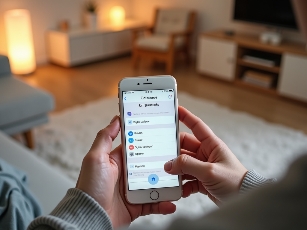 Человек держит смартфон с открытым меню Siri Shortcuts, на фоне домашнего интерьера.
