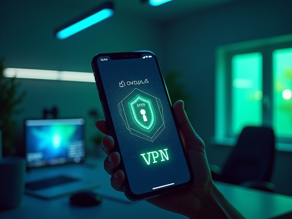 Телефон в руке человека с экраном, отображающим VPN, в современном офисе с зеленым светом.