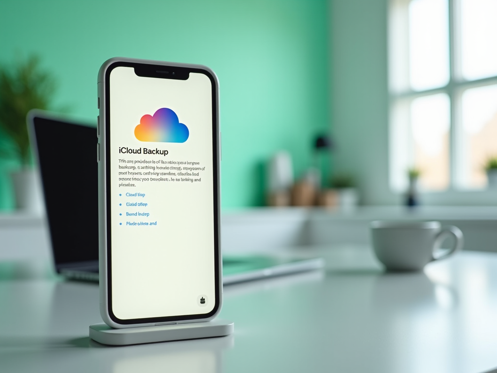 Смартфон на стенде с открытым экраном iCloud Backup в светлом интерьере с мягким фокусом на фоне.