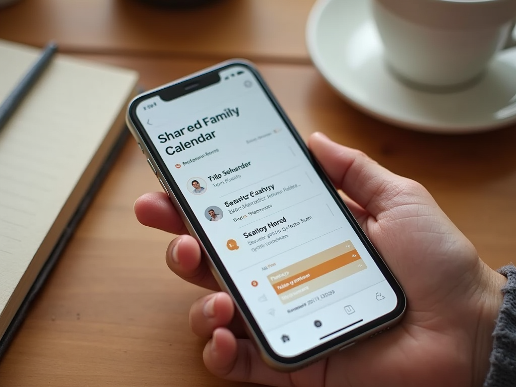 Рука держит смартфон с открытым приложением семейного календаря на столе рядом с чашкой и блокнотом.