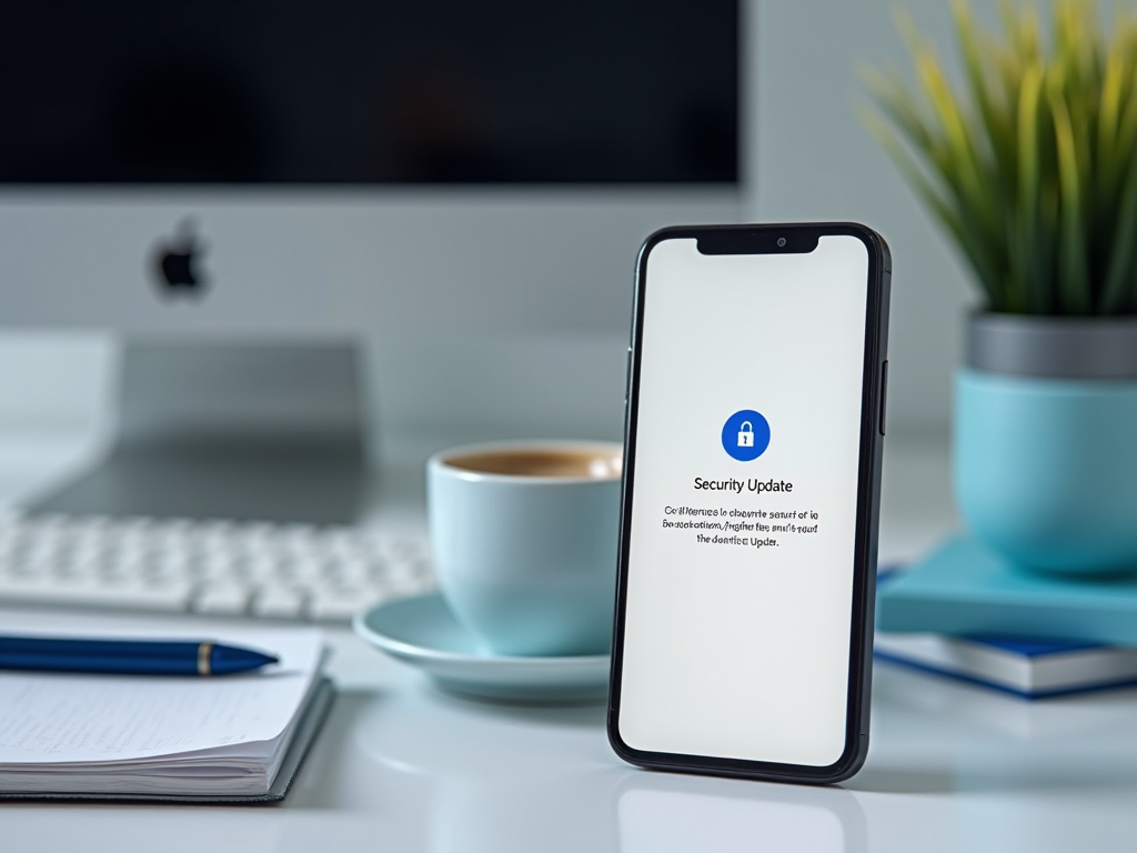 Смартфон на столе с открытым экраном обновления безопасности, рядом кофе и ноутбук.