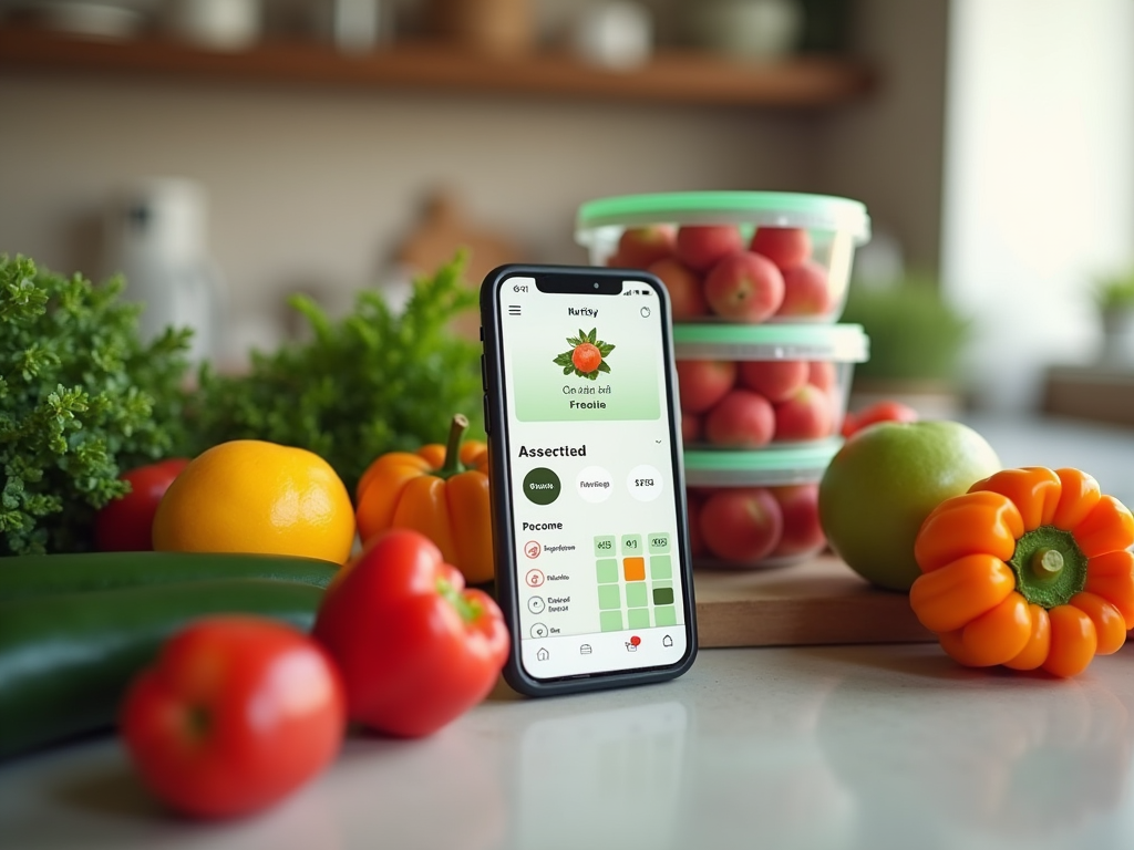 Смартфон с приложением для учета продуктов среди свежих овощей и фруктов на кухне.