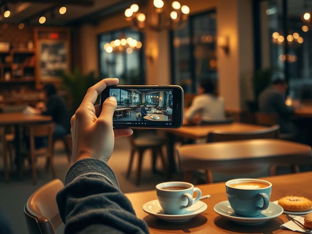 Человек фотографирует интерьер кафе на смартфон, на столе стоят чашки кофе и печенье.