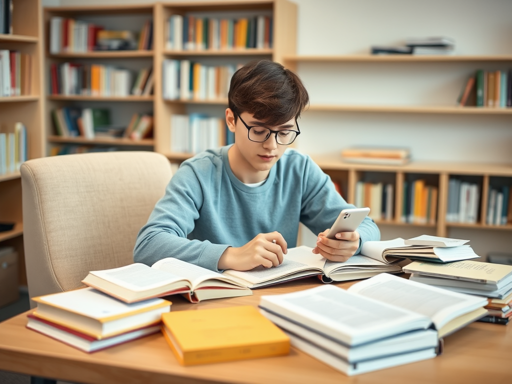 Молодой человек в очках изучает книги и использует телефон в библиотеке. Стол усыпан учебными материалами.